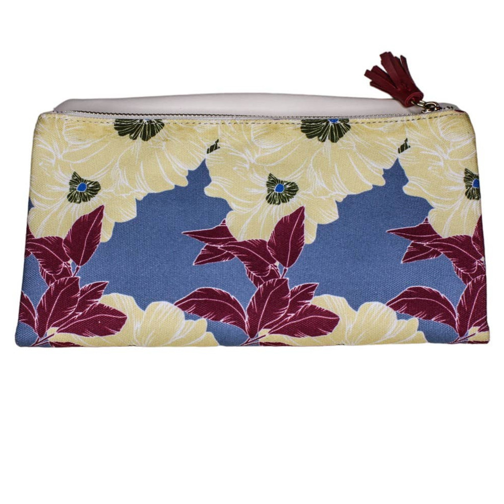 Rachel Pally Clutch Purse White Leather Canvas Floral Print Blue Purple Cream